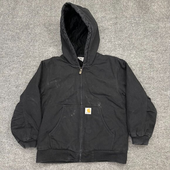 Carhartt Canvas Hooded Full Zip Black Jacket Quilt Lined Youth Medium